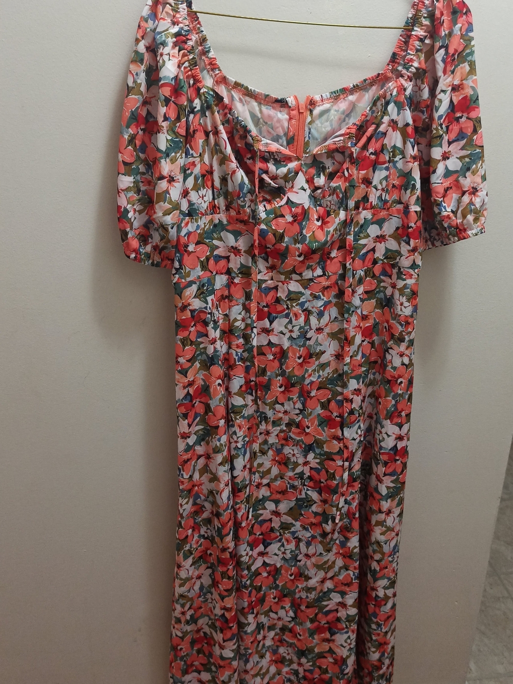 Floral Puff-Sleeve Maxi Dress in Coral & White